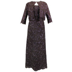 1950s Mingolini Guggenheim Rich Brown Hand-Beaded Evening Gown