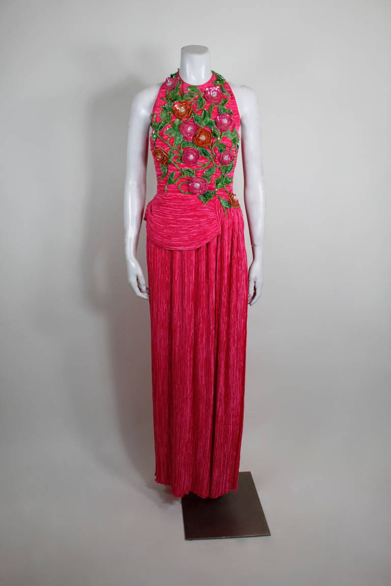 Mary McFadden Couture label. Fuchsia and Sequin Floral Appliqué Halter Gown