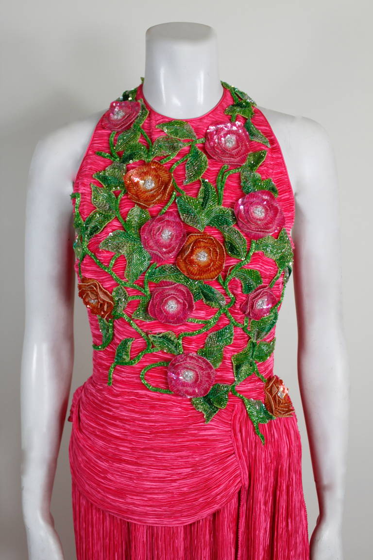 Red Mary McFadden 1990s Fuchsia and Sequin Floral Appliqué Halter Gown For Sale