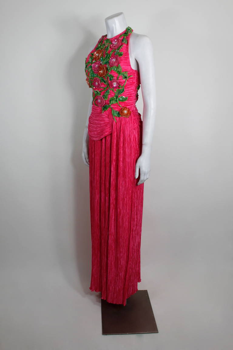 Women's Mary McFadden 1990s Fuchsia and Sequin Floral Appliqué Halter Gown For Sale