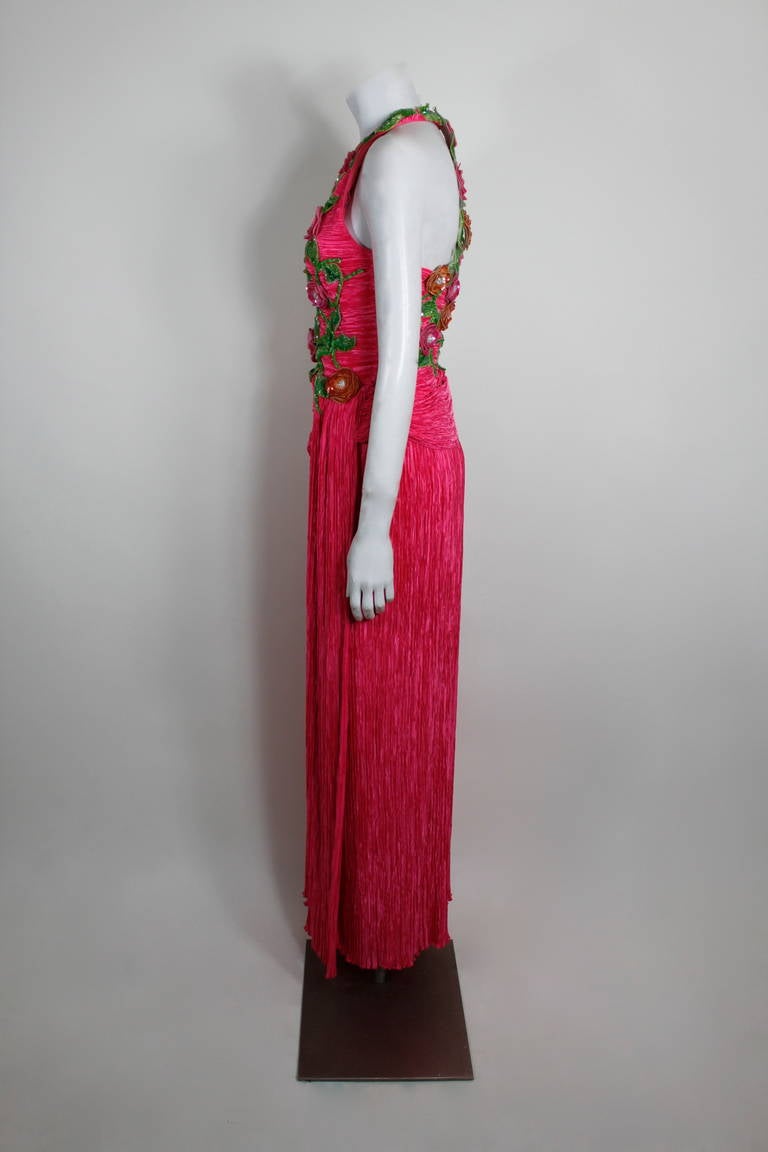Mary McFadden 1990s Fuchsia and Sequin Floral Appliqué Halter Gown For Sale 1