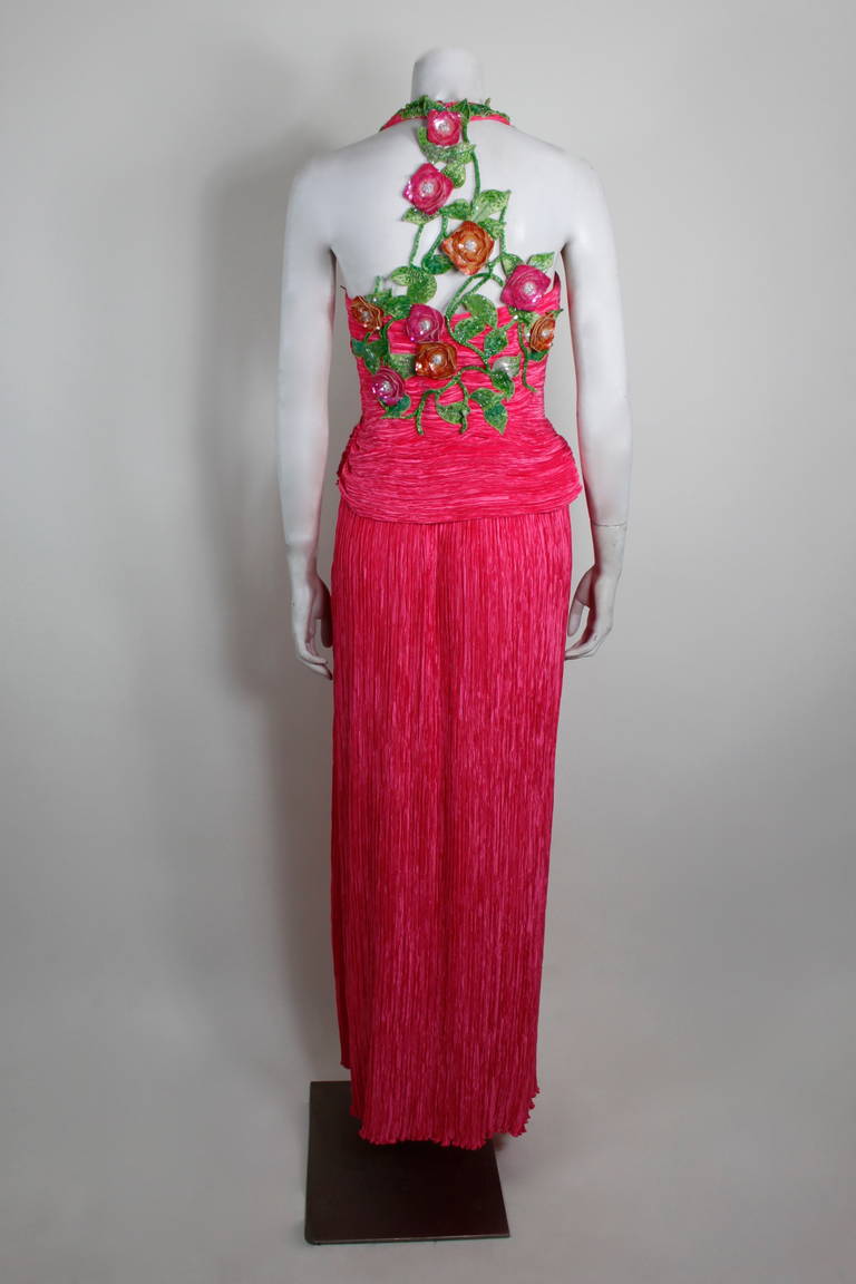 Mary McFadden 1990s Fuchsia and Sequin Floral Appliqué Halter Gown For Sale 2