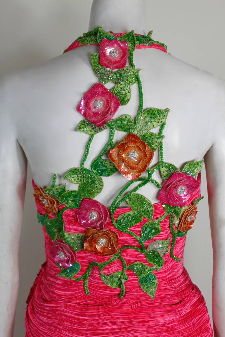 Mary McFadden 1990s Fuchsia and Sequin Floral Appliqué Halter Gown For Sale 3
