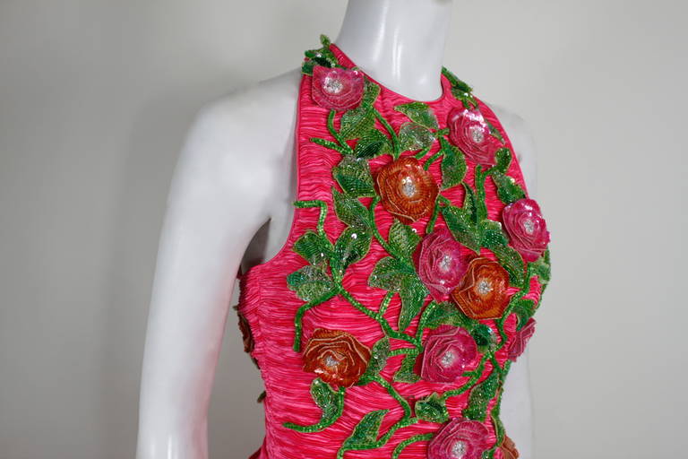 Mary McFadden 1990s Fuchsia and Sequin Floral Appliqué Halter Gown For Sale 4