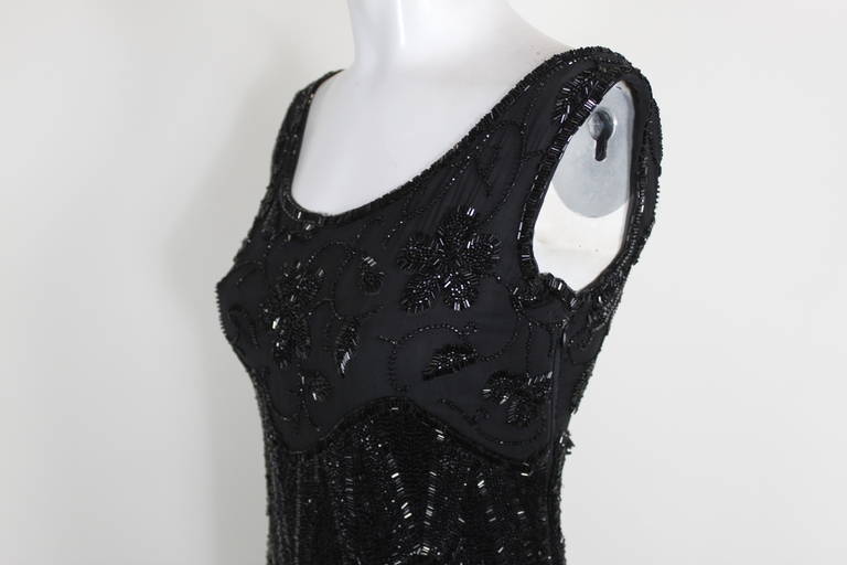 1920s Jet Black Beaded Fringe Flapper Dress In Excellent Condition For Sale In Los Angeles, CA