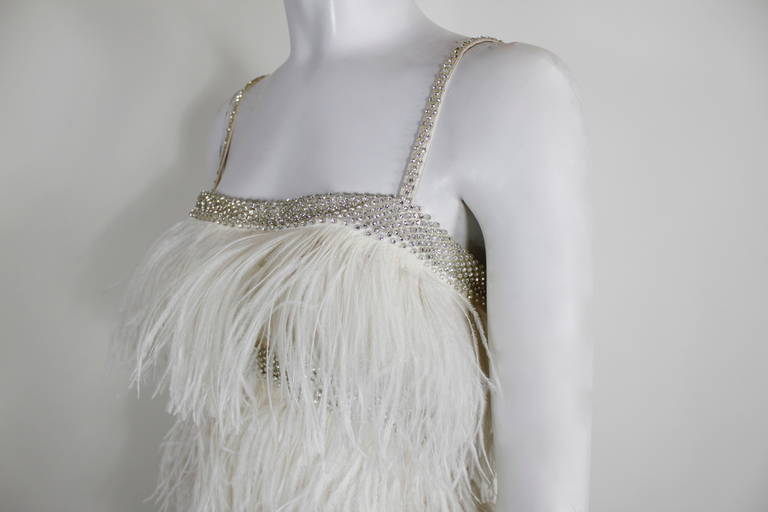 Tiered Ostrich Feather Gown with Rhinestone Details In Excellent Condition In Los Angeles, CA