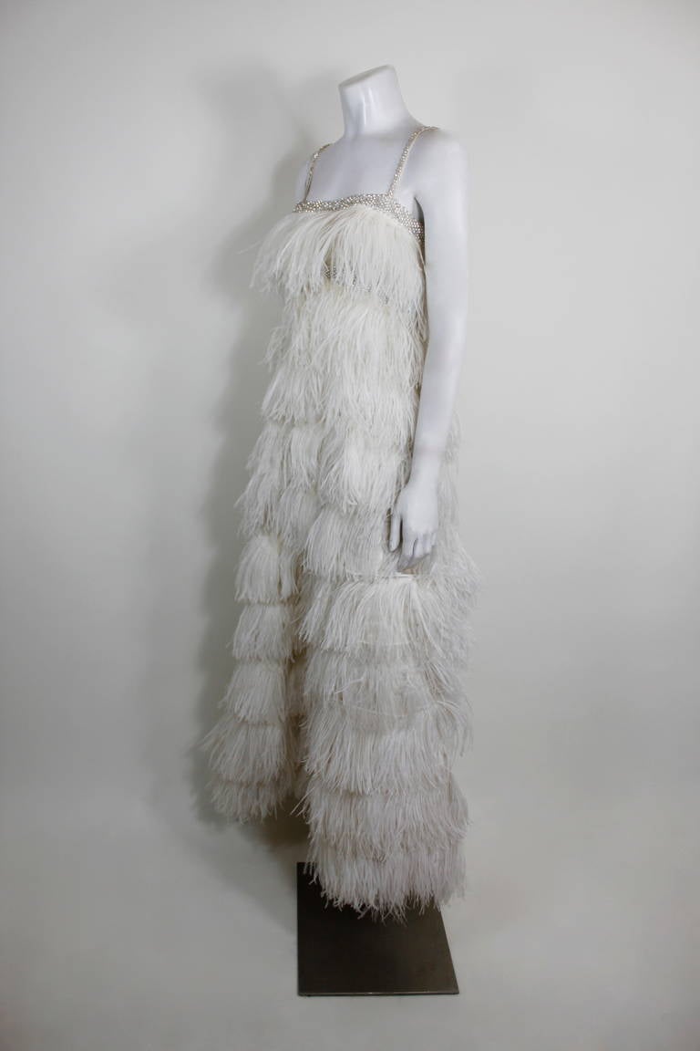 Women's Tiered Ostrich Feather Gown with Rhinestone Details