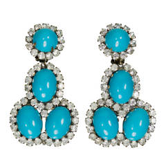 1960s KJL Turquoise Blue and Rhinestone Statement Earrings