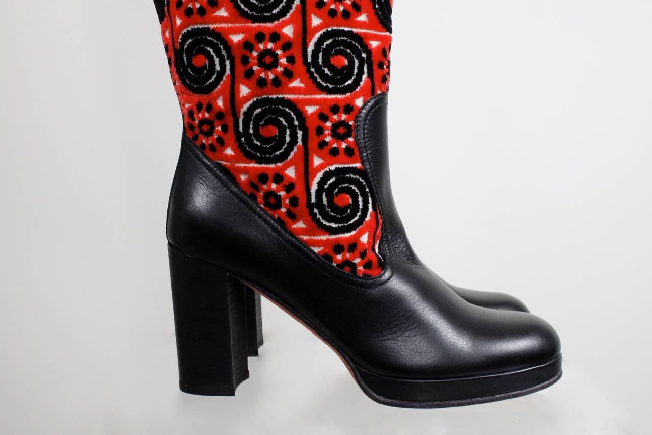 Anna Sui Eastern European Motif High Heeled Leather Boots Never Worn In New Condition In Los Angeles, CA