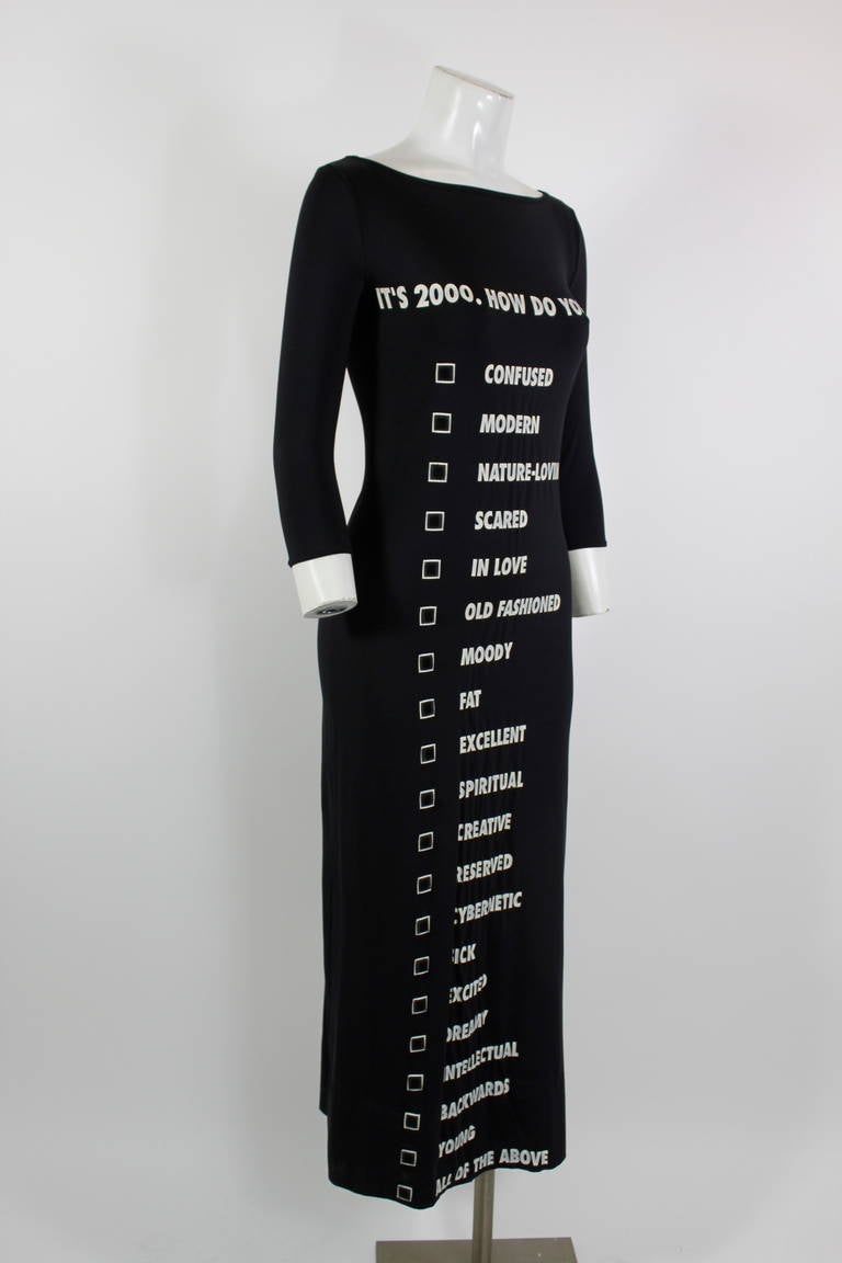 Evocative of Y2K anxiety, this Moschino Jeans lycra dress forces everyone to face their true feelings about the year ahead. Complete with velcro tick-boxes, the mood can change depending on the day.  No closure; slip on style.  Measurements are