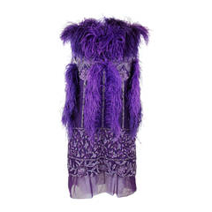 Reem Acra Purple Beaded Mini Dress with Ostrich Feather Detail