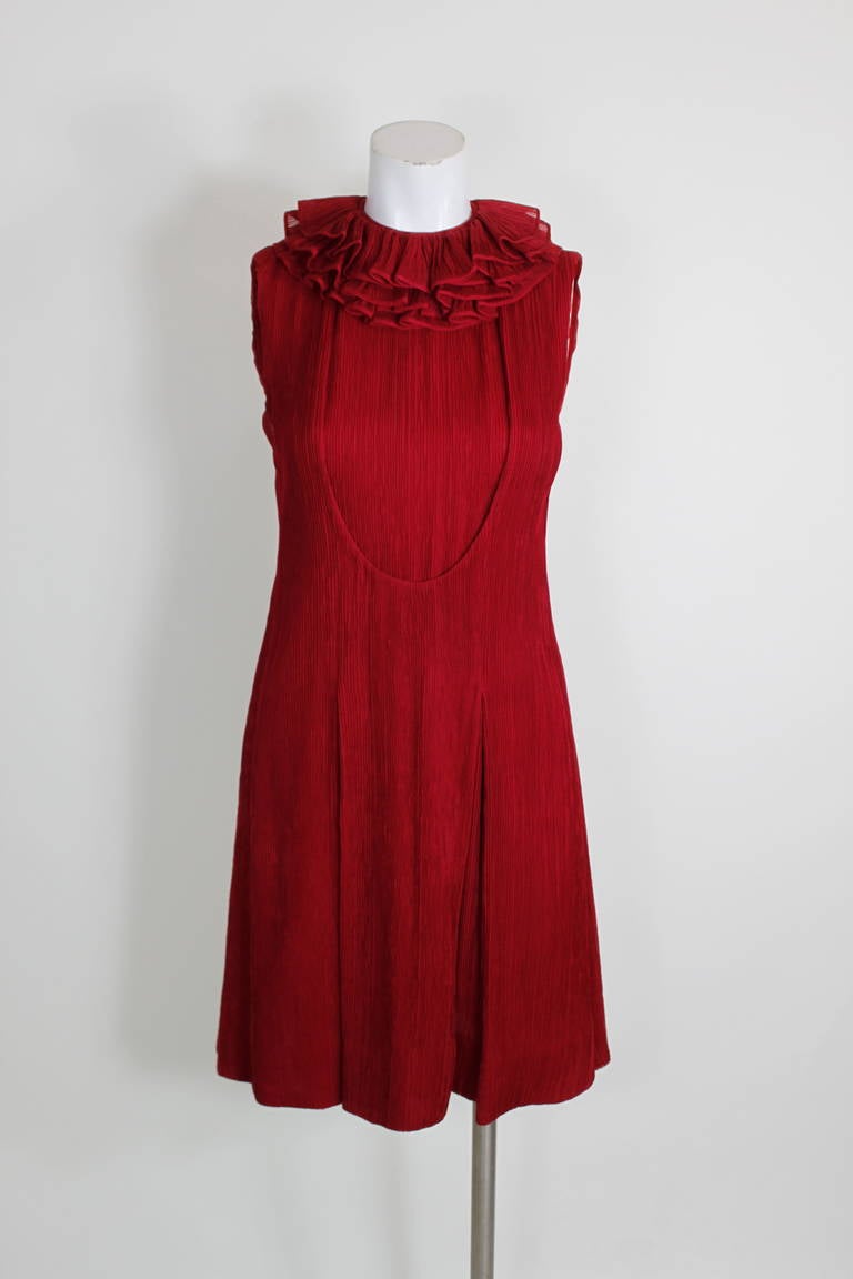 1980s Galanos Red Micropleated Cocktail Dress with Ruffle Collar
