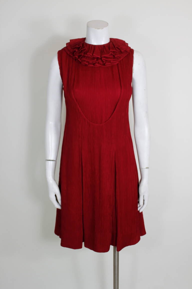 Galanos 1980s Red Micropleated Cocktail Dress with Ruffle Collar In Excellent Condition For Sale In Los Angeles, CA