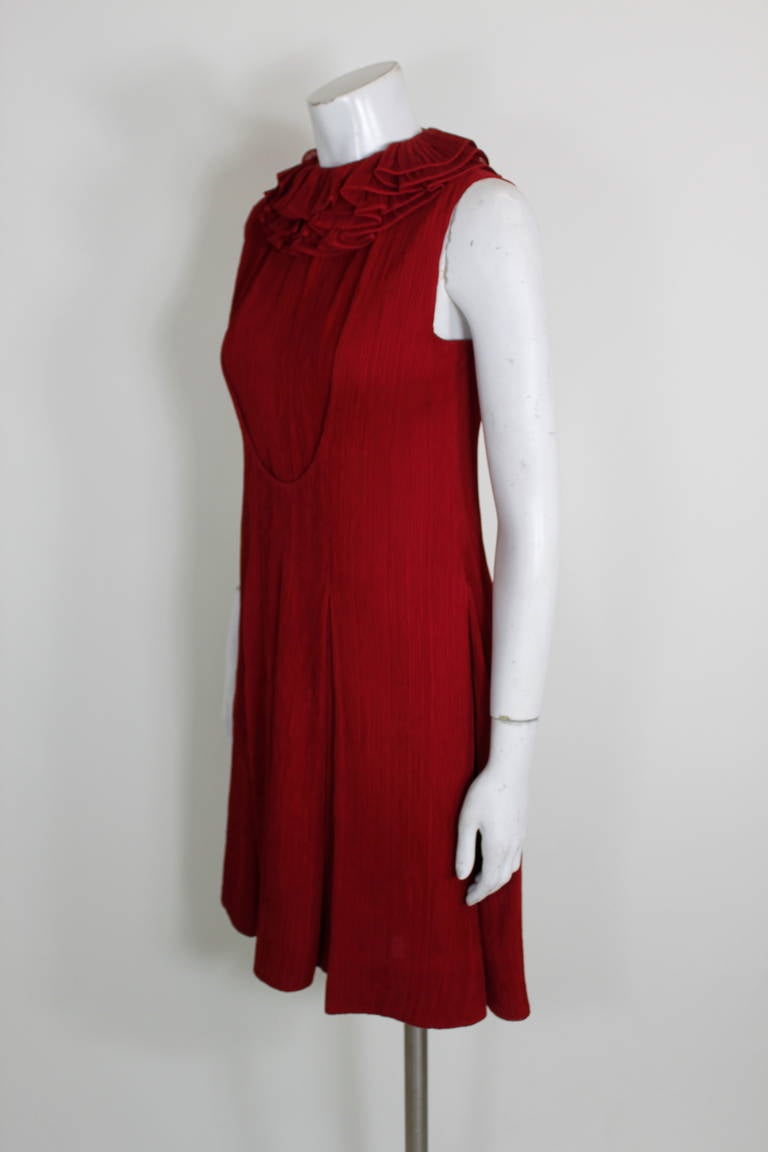Women's Galanos 1980s Red Micropleated Cocktail Dress with Ruffle Collar For Sale