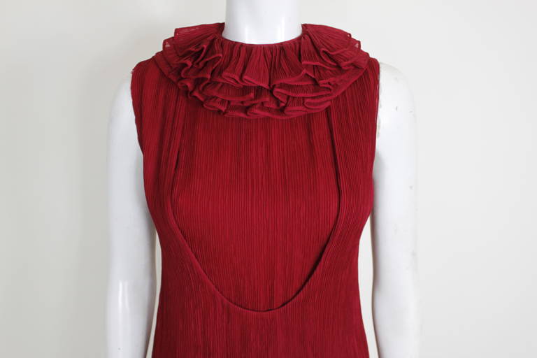 Galanos 1980s Red Micropleated Cocktail Dress with Ruffle Collar For Sale 1
