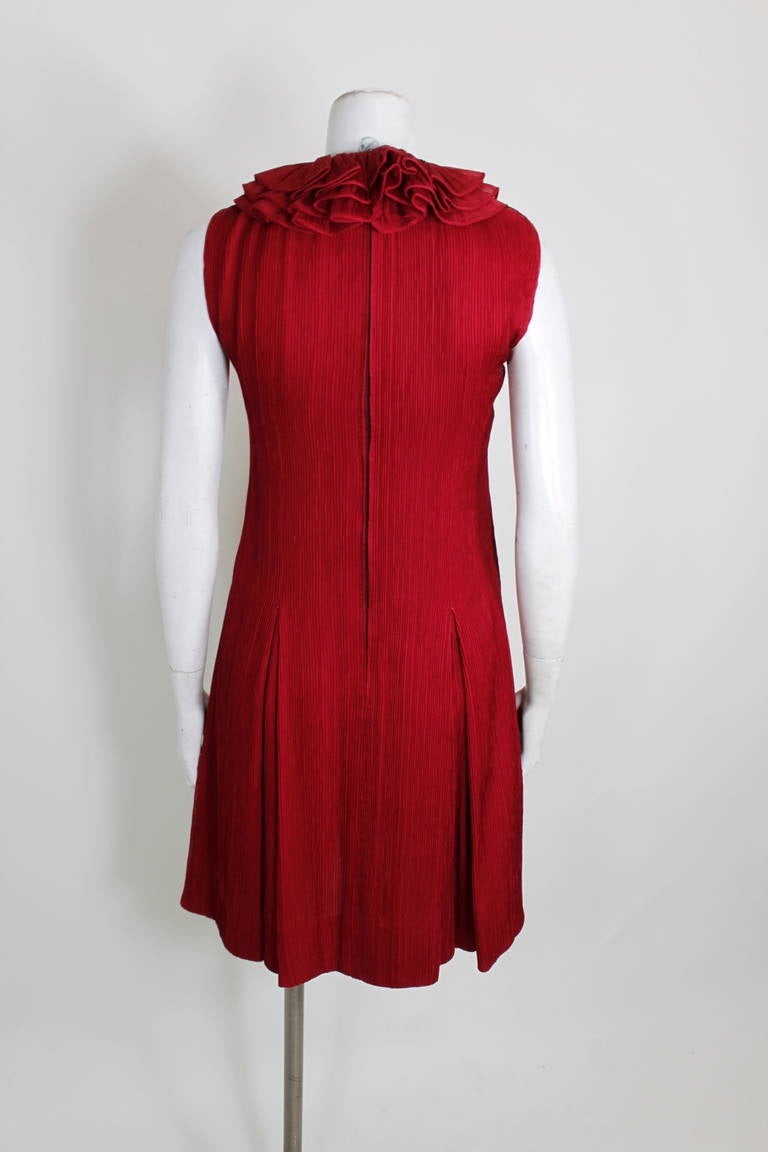 Galanos 1980s Red Micropleated Cocktail Dress with Ruffle Collar For Sale 3