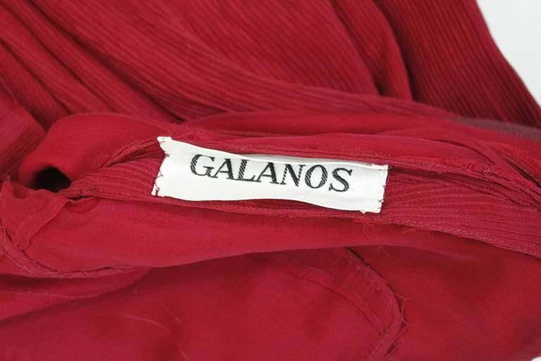 Galanos 1980s Red Micropleated Cocktail Dress with Ruffle Collar For Sale 5