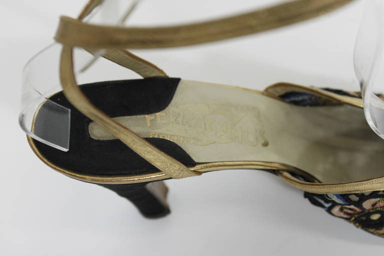 Ferragamo 1930s Tavarnelle Floral Pumps with Gold Leather Straps at ...
