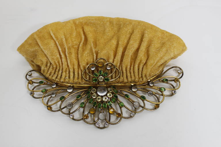 Brown Josef 1950s Canary Yellow Hand-Beaded Clutch with Hobé Hardware