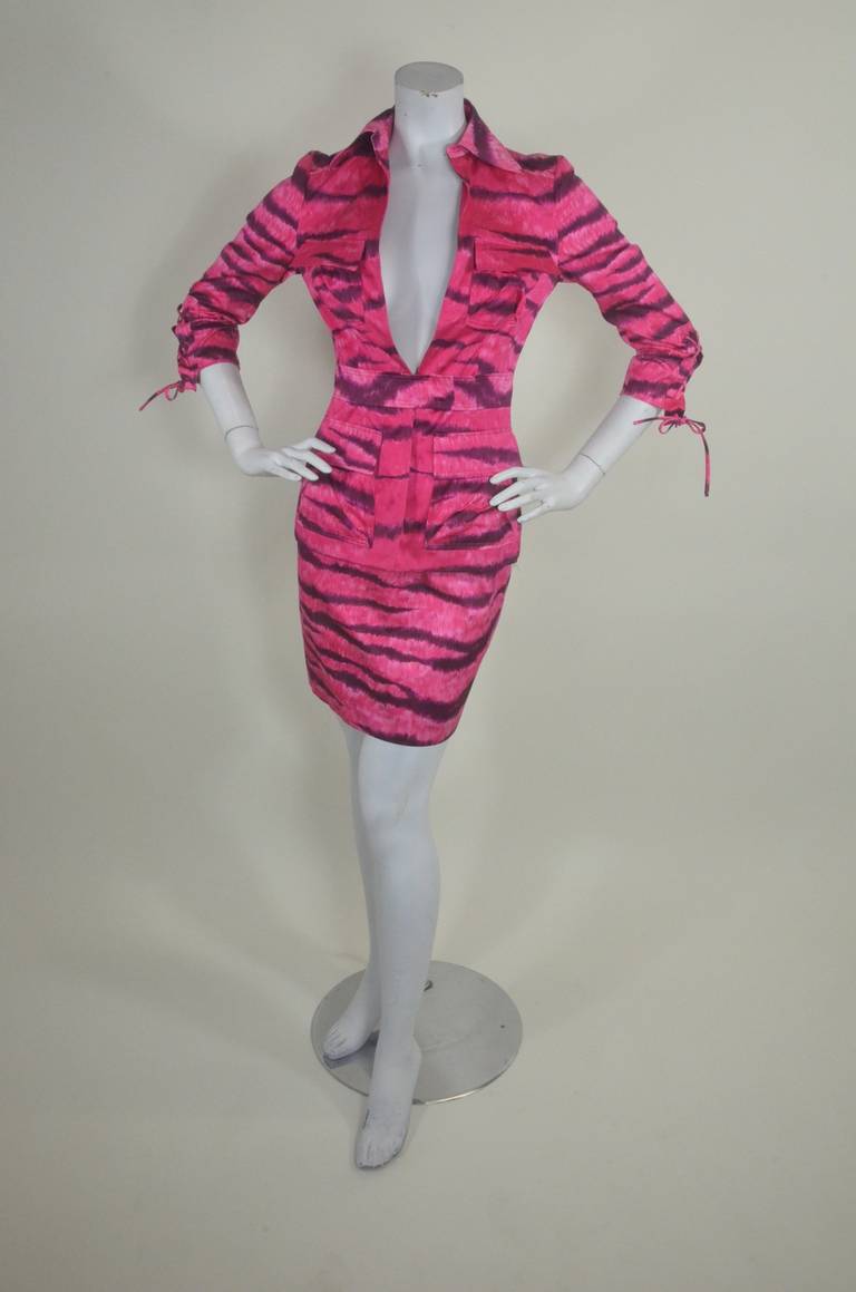 Moschino Shocking Pink Zebra Safari Ensemble In Excellent Condition In Los Angeles, CA