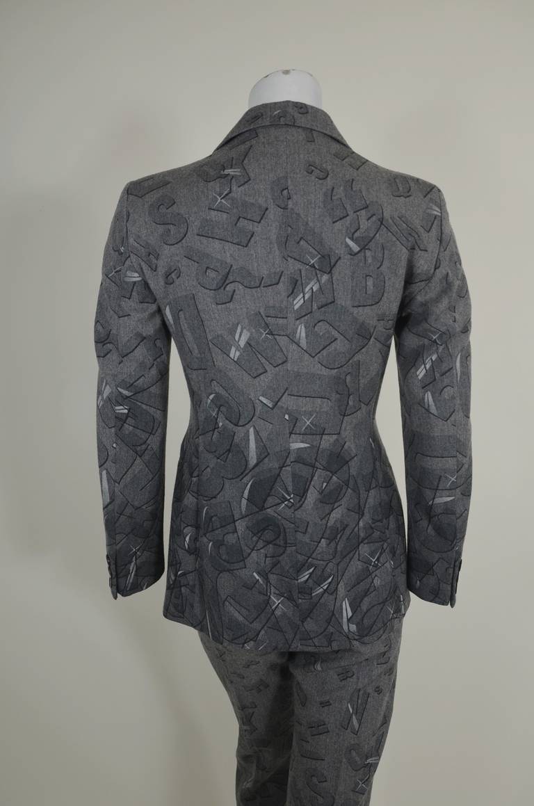 Moschino 1990s Gray Alphabet Soup Wool Suit For Sale 2