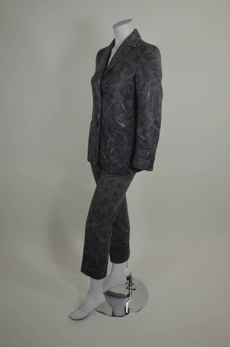 Moschino 1990s Gray Alphabet Soup Wool Suit For Sale 4