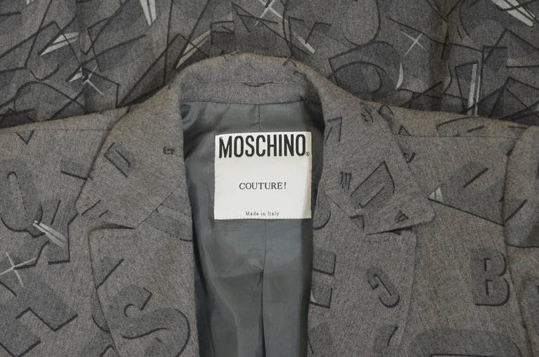 Moschino 1990s Gray Alphabet Soup Wool Suit For Sale 5