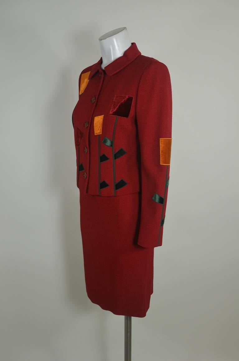 Moschino 1990s Red Tulip Skirt Suit Ensemble In Excellent Condition For Sale In Los Angeles, CA