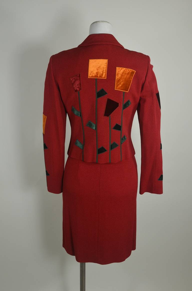 Moschino 1990s Red Tulip Skirt Suit Ensemble For Sale 1