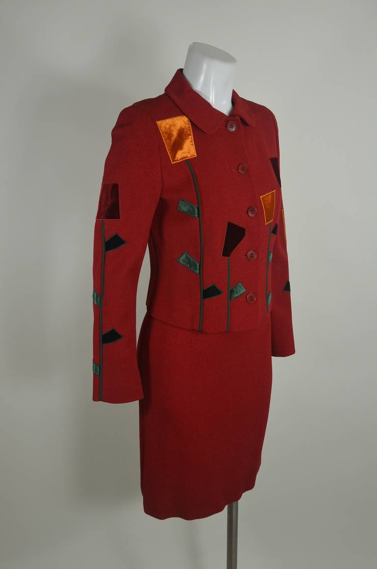 Moschino 1990s Red Tulip Skirt Suit Ensemble For Sale 2