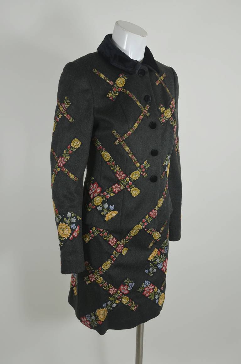 Moschino 1990s Floral Ribbon Appliqué Wool Suit In Excellent Condition For Sale In Los Angeles, CA