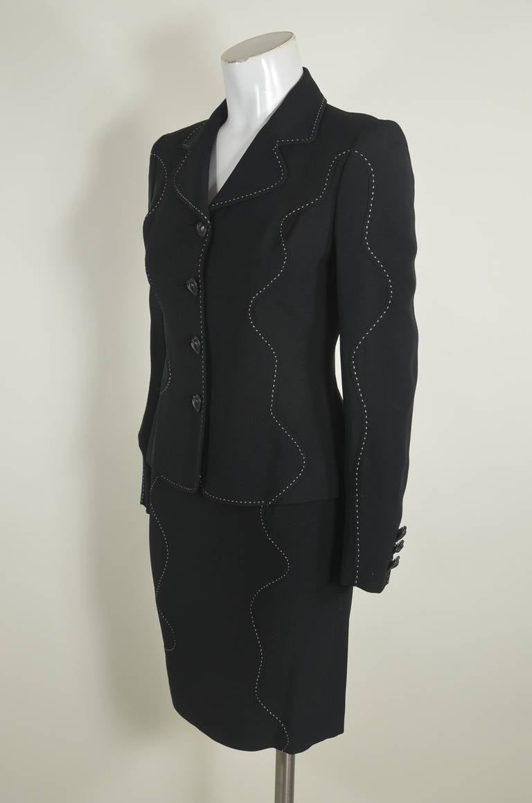 Moschino 1990s Black Baste Stitch Skirt Suit In Excellent Condition For Sale In Los Angeles, CA