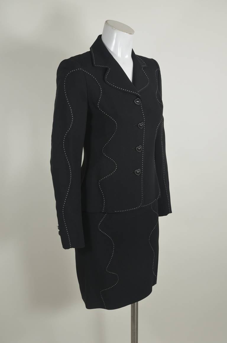 Moschino 1990s Black Baste Stitch Skirt Suit For Sale 3