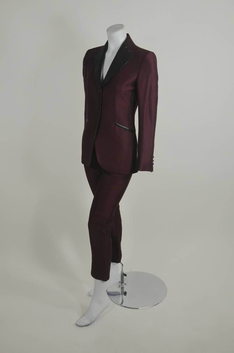 Moschino Metallic Burgundy Tuxedo with Black Lurex Lapel In Excellent Condition For Sale In Los Angeles, CA