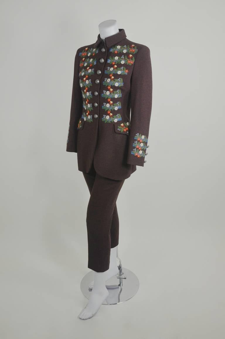 Black Moschino 1990s Brown Tyrolean Motif Tweed Suit For Sale