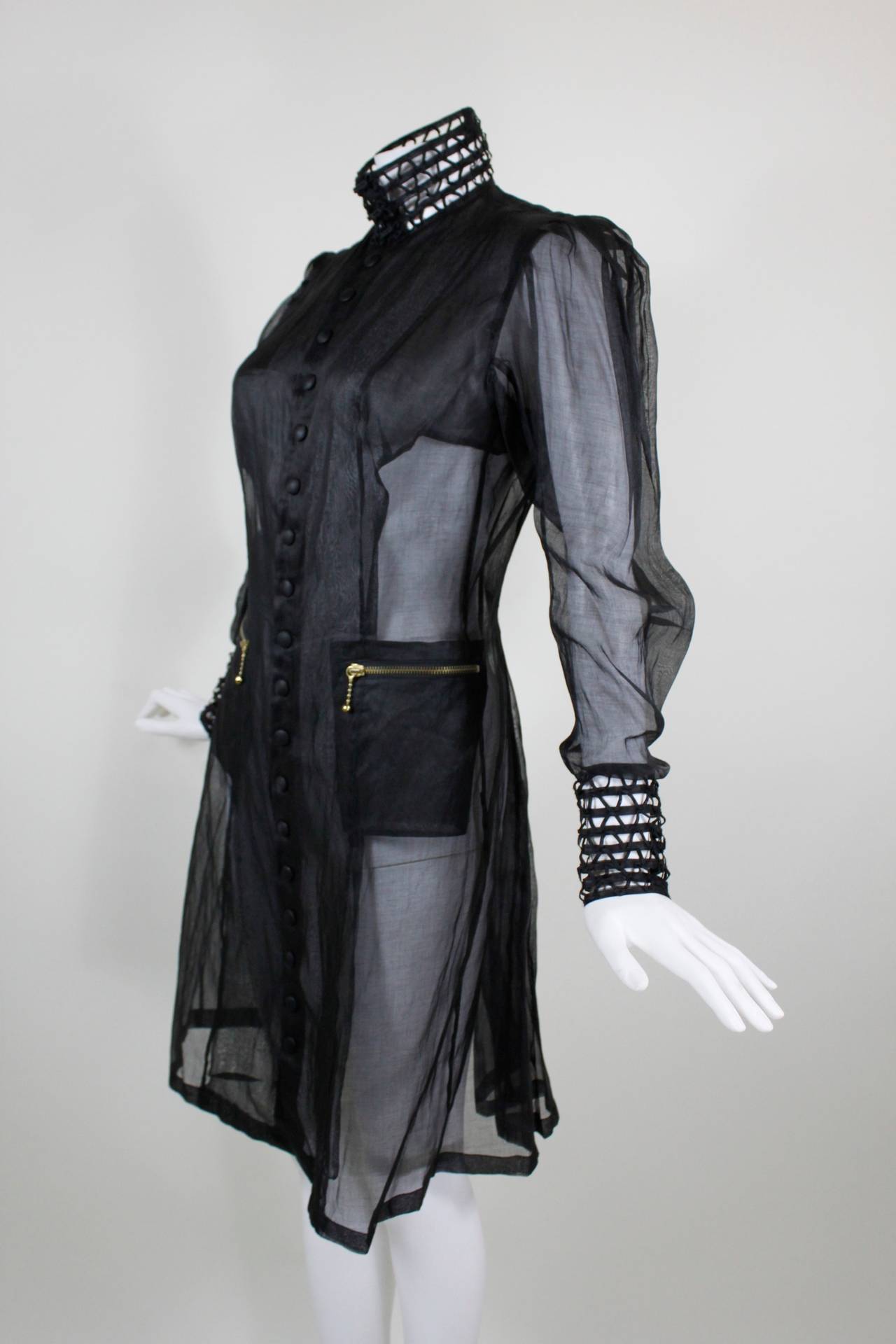 Jean Paul Gaultier Sheer Black Organza Coat with Caged Neck In Excellent Condition In Los Angeles, CA