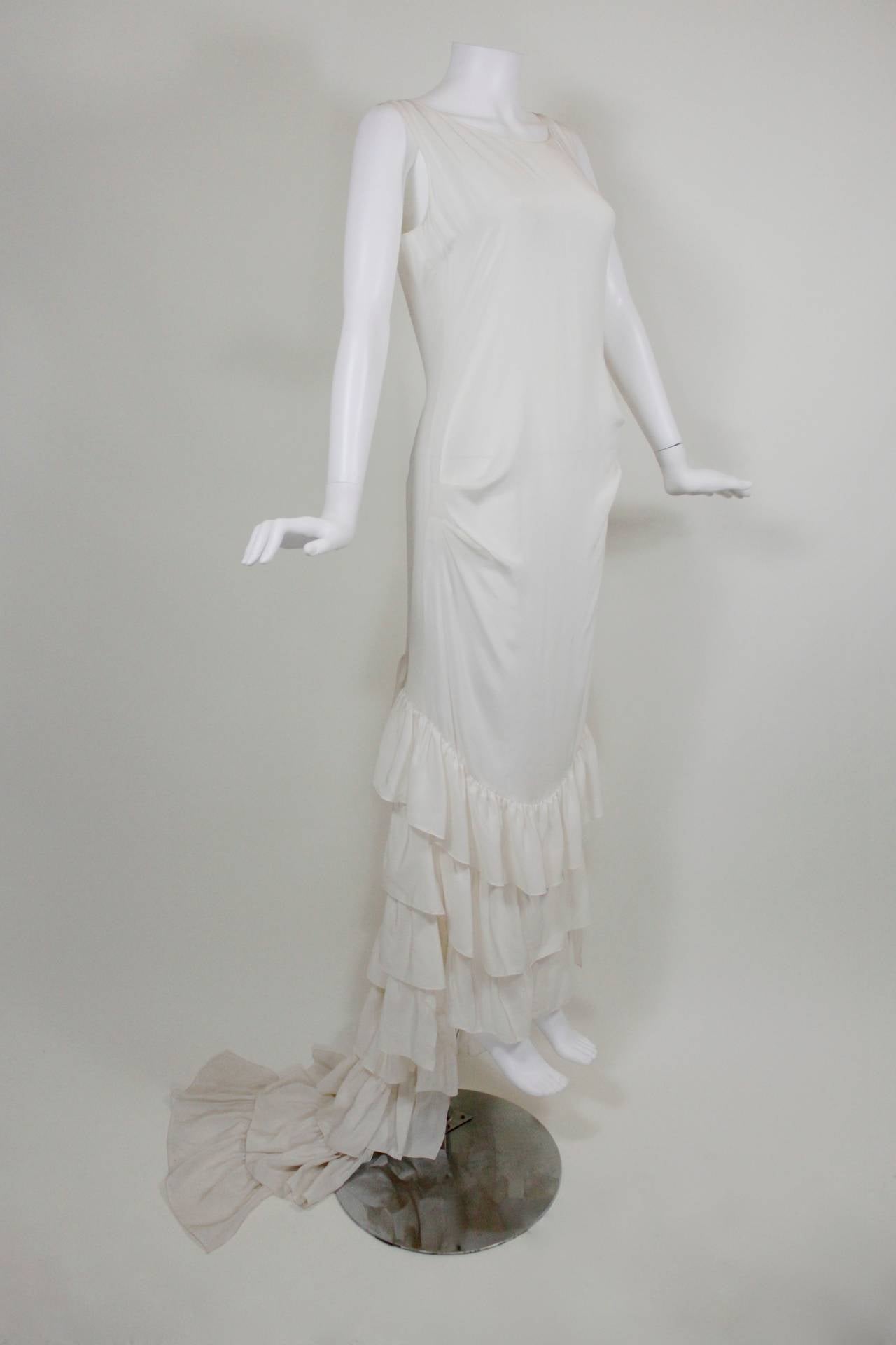 Gray Alexander McQueen Cream Silk Evening Gown with Tiered Ruffle Train