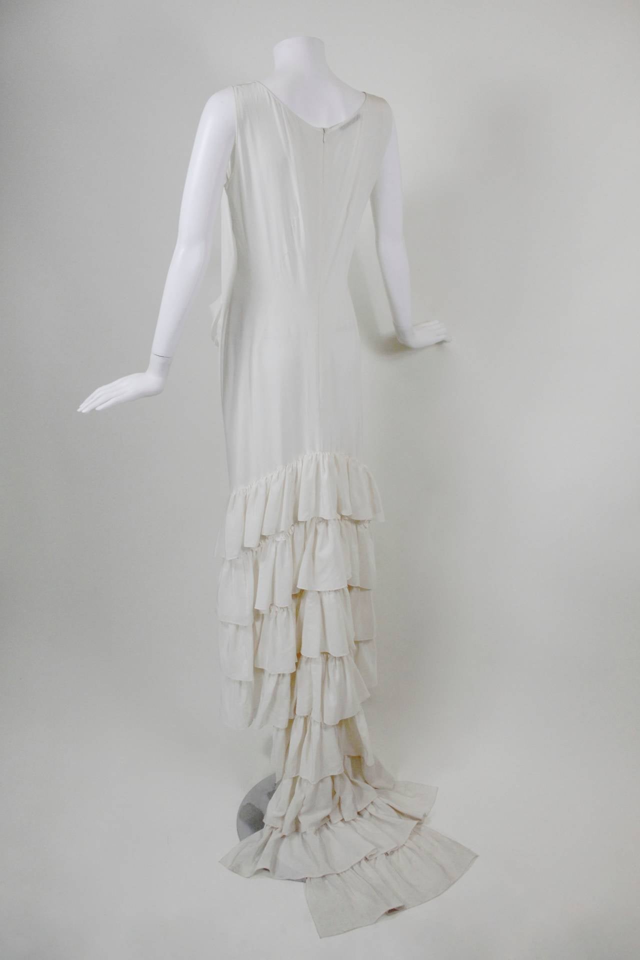 Alexander McQueen Cream Silk Evening Gown with Tiered Ruffle Train 1