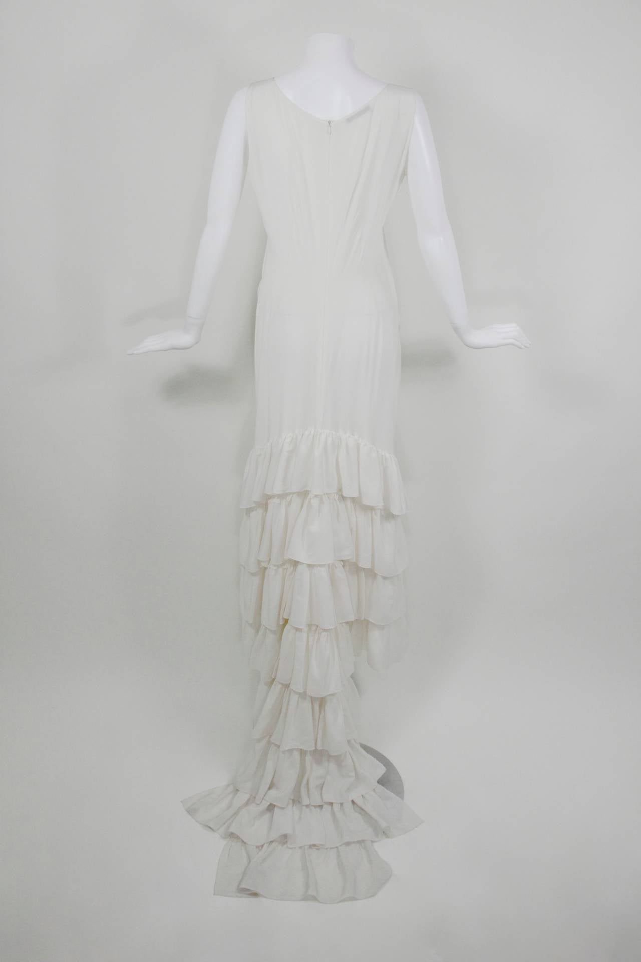 Alexander McQueen Cream Silk Evening Gown with Tiered Ruffle Train 2
