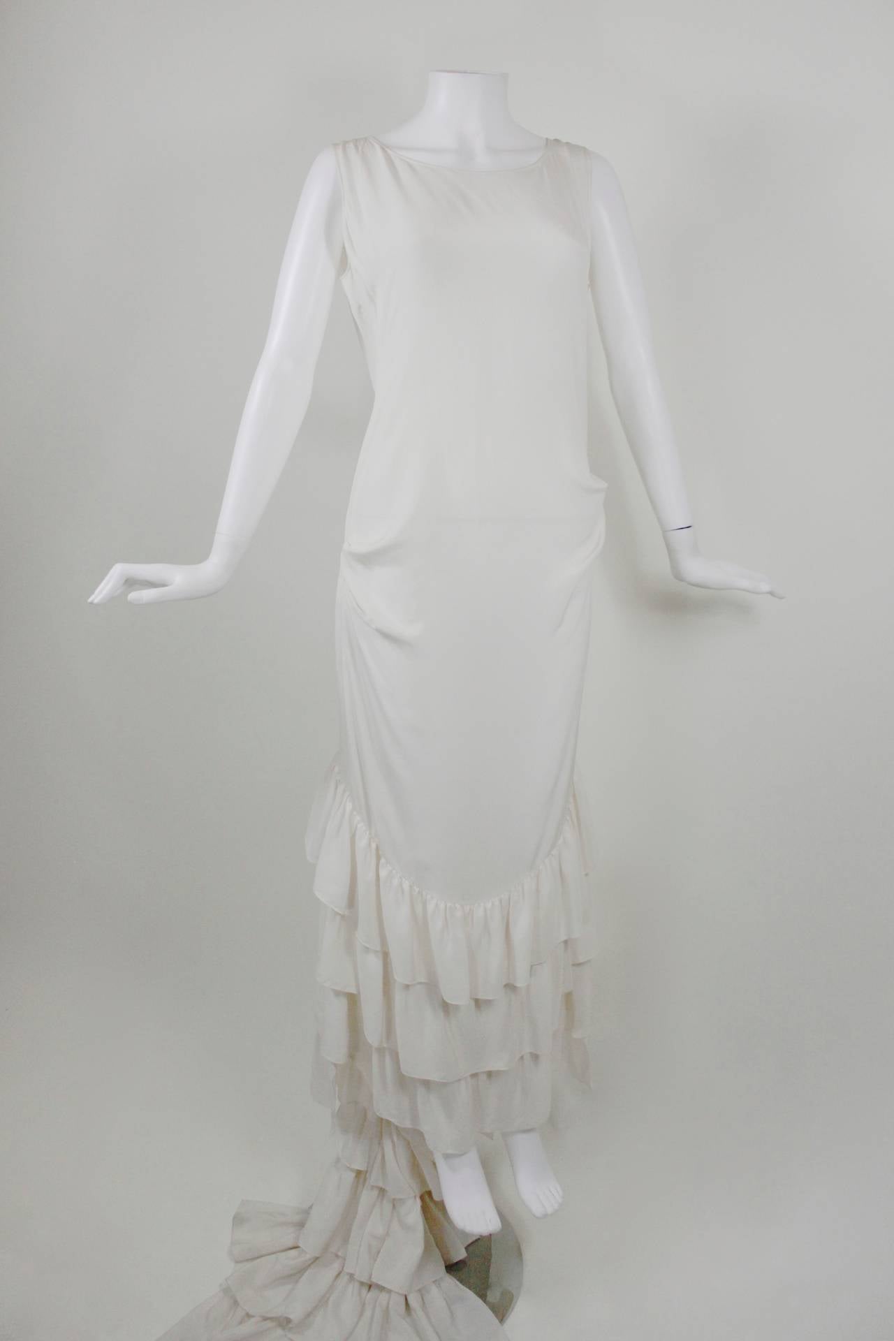 Alexander McQueen Cream Silk Evening Gown with Tiered Ruffle Train In Excellent Condition In Los Angeles, CA