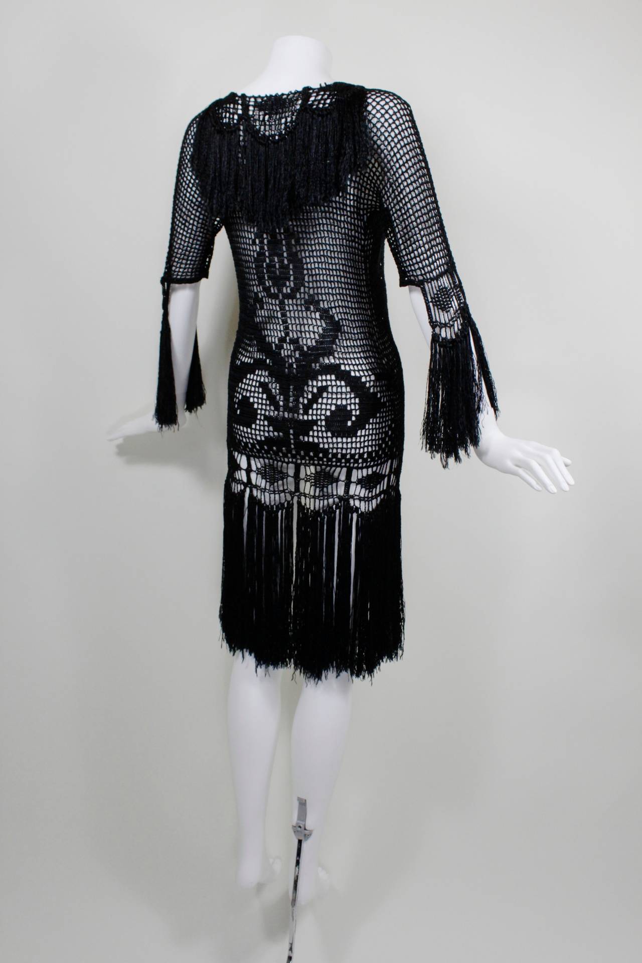 Women's 1920s Black Geometric Chrochet Jacket with Fringe