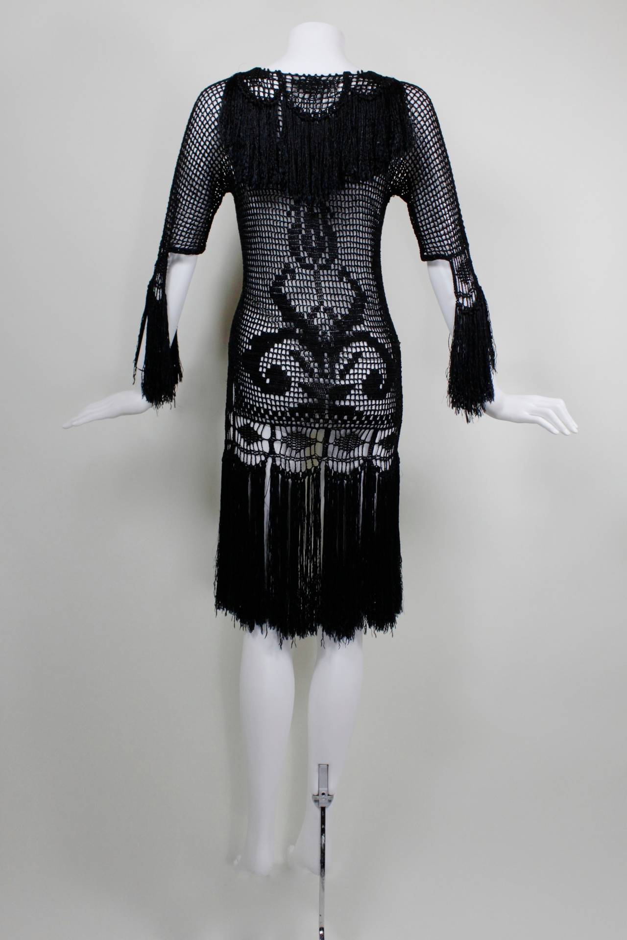 1920s Black Geometric Chrochet Jacket with Fringe In Excellent Condition In Los Angeles, CA