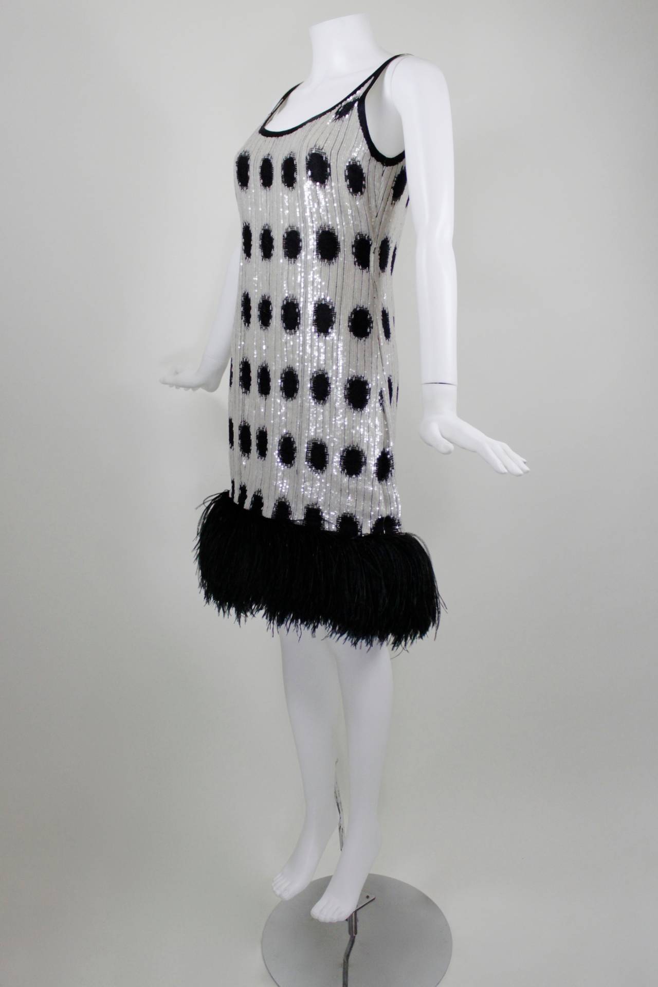 1980s Bill Blass Sequined Polka Dot Party Dress with Ostrich Trim In Excellent Condition In Los Angeles, CA