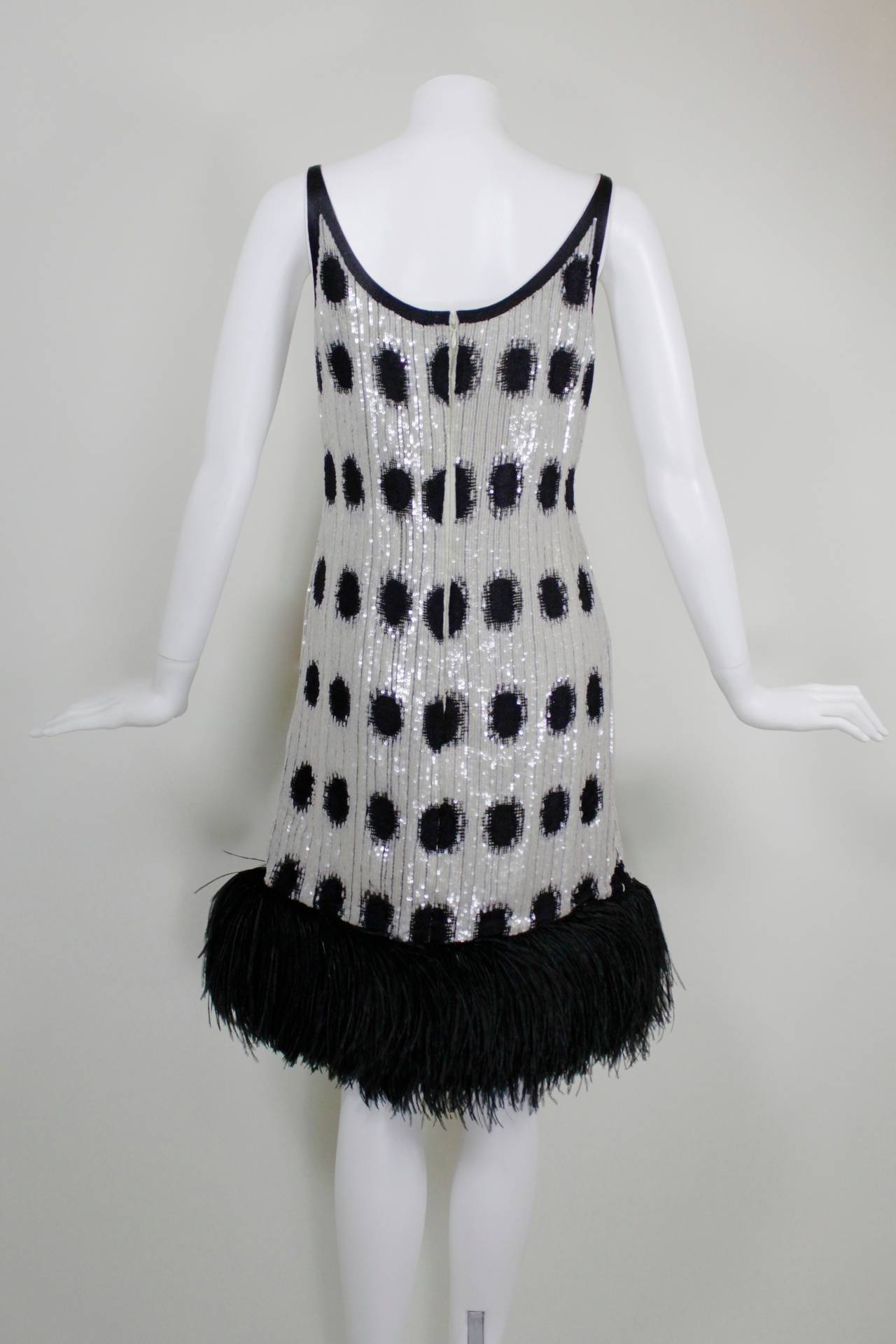 Women's 1980s Bill Blass Sequined Polka Dot Party Dress with Ostrich Trim