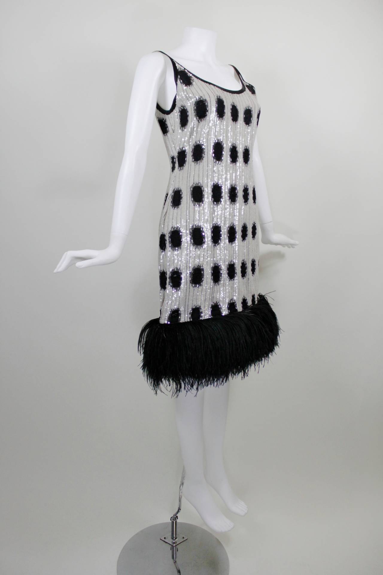 1980s Bill Blass Sequined Polka Dot Party Dress with Ostrich Trim 1