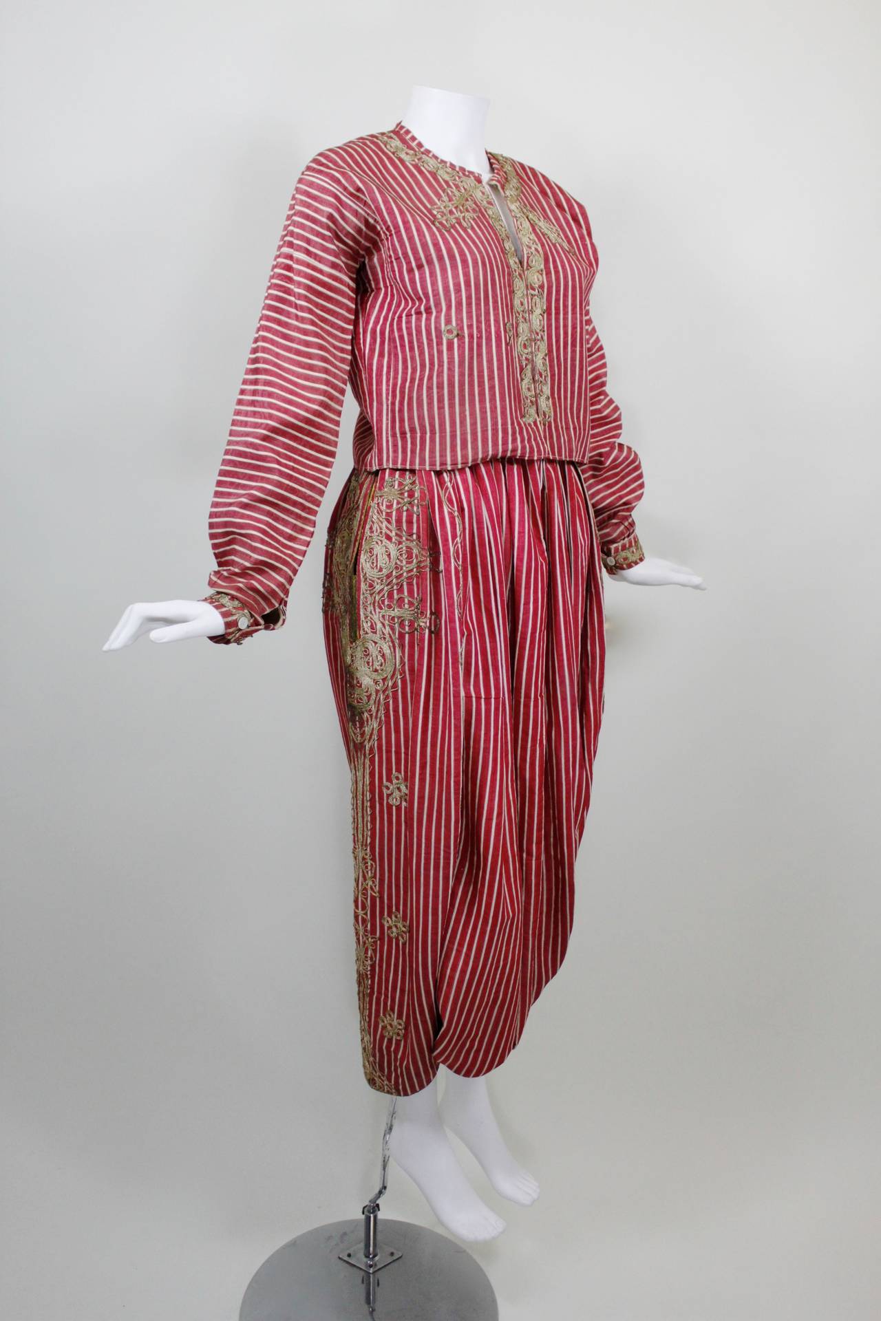Turkish Silk Moire Striped Harem Pant Ensemble with Bullion Embroidery
