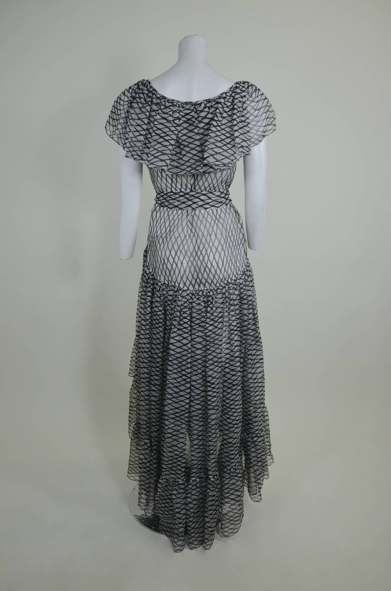 1970s YSL Geometric Print Chiffon Gown with Belt 3