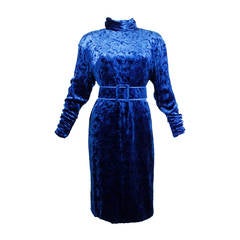 Vintage 1980s Galanos Blue Textured Velvet Cocktail Dress with Belt