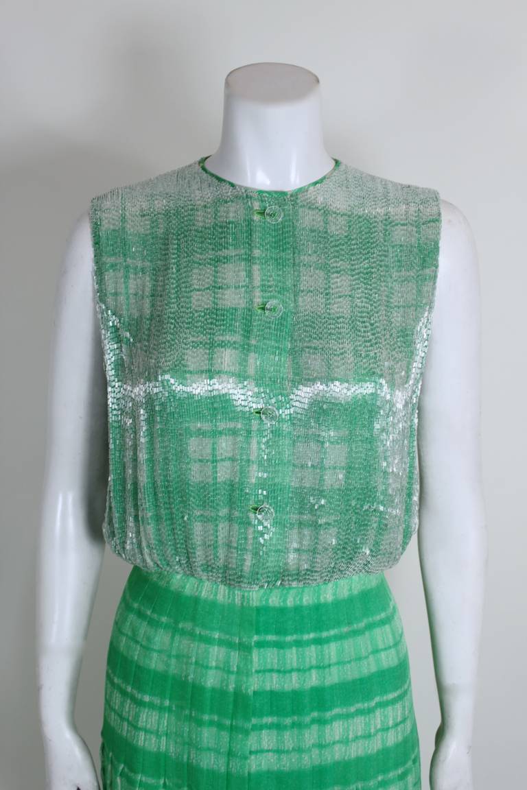 Blue 1960s Galanos Emerald Green Tartan Gown with Beaded Bodice