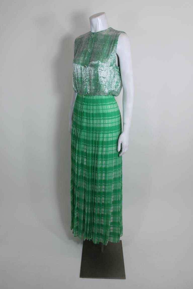 1960s Galanos Emerald Green Tartan Gown with Beaded Bodice In Excellent Condition In Los Angeles, CA